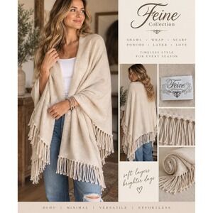 Feine Collection Beige Knit Fringe Shawl Wrap Oversized Soft Boho One Size